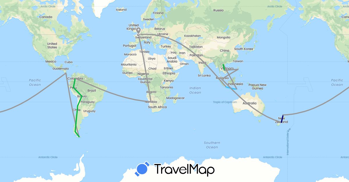 TravelMap itinerary: driving, bus, plane, boat in Argentina, Bolivia, Chile, Colombia, Costa Rica, France, Indonesia, Cambodia, Laos, Malaysia, Namibia, New Zealand, Peru, Philippines (Africa, Asia, Europe, North America, Oceania, South America)
